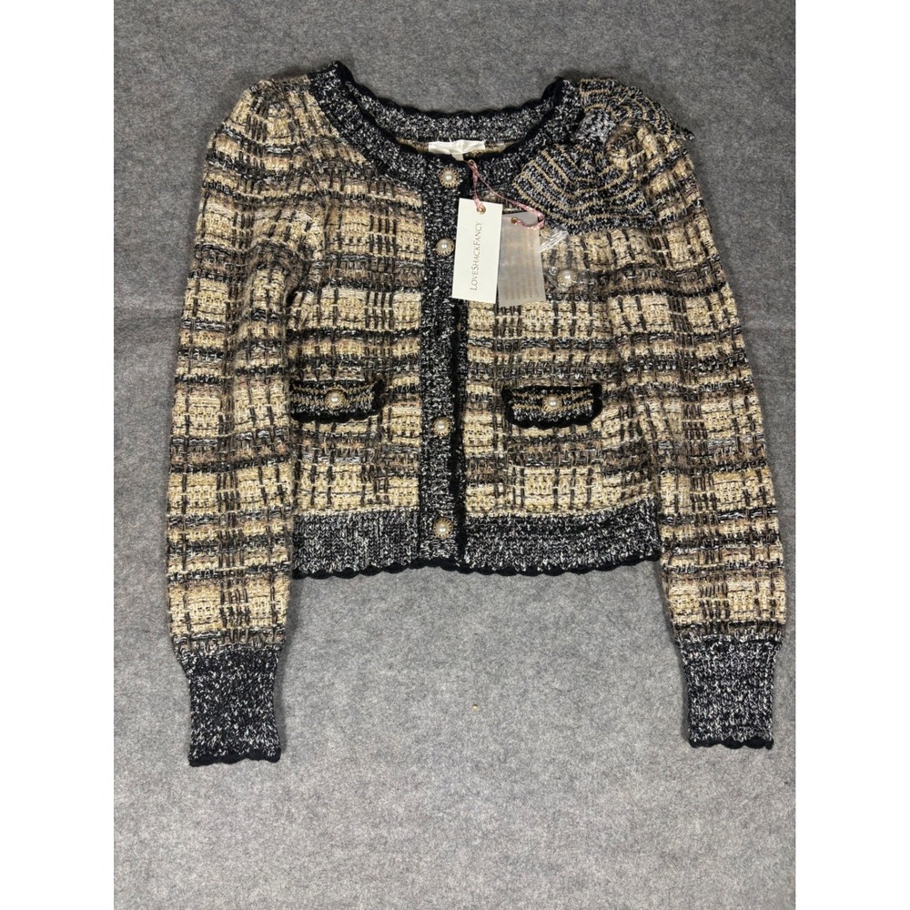 LoveShackFancy Black and Cream Tweed Knit Cardigan
